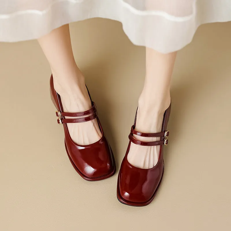 Women Fashion Leather Buckled Chunky Pumps